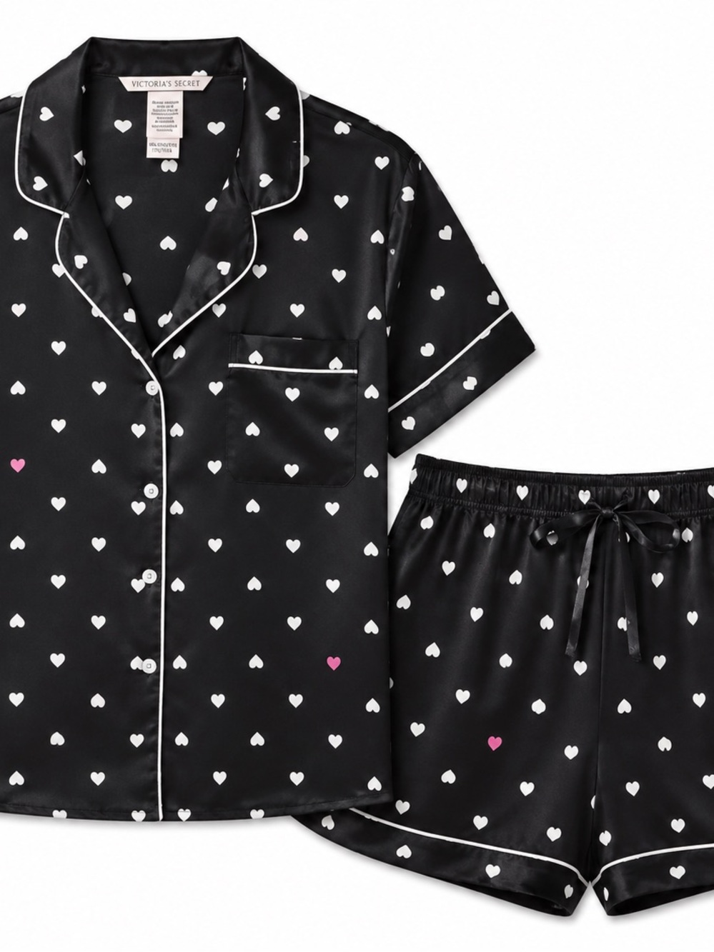 Heart Print Satin Pajama Set -Black Short Sleeve Matching Lounge Set - Picture 2 of 3